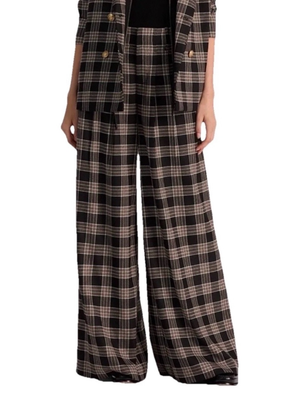 Alice + Olivia Eloise Pleated Black & Brown CheckTrousers - Size 10 NWOT